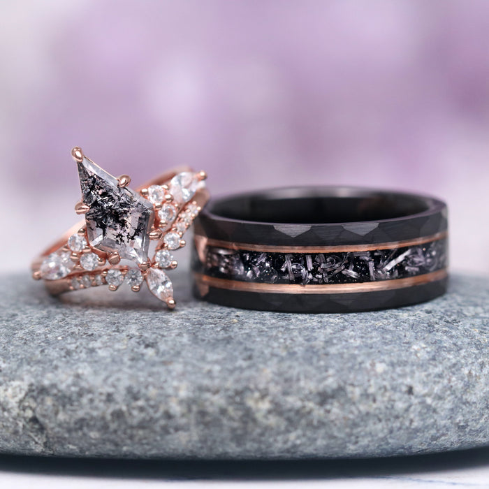 Galaxy Meteorite Hammered Wedding Band in Two-Tone Black Tungsten Carbide (8mm) by Aquamarise, featuring a bold hammered black tungsten band with a central meteorite inlay framed by rose gold accents, part of Men’s Wedding Bands and Best Selling Jewelry collections.