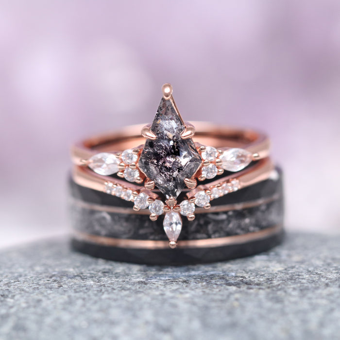 Skye Kite® Natural Herkimer Diamond Engagement Ring Set in 14K Solid Rose Gold by Aquamarise Gold, featuring a unique kite-shaped Herkimer diamond with delicate rose gold and diamond accents.
