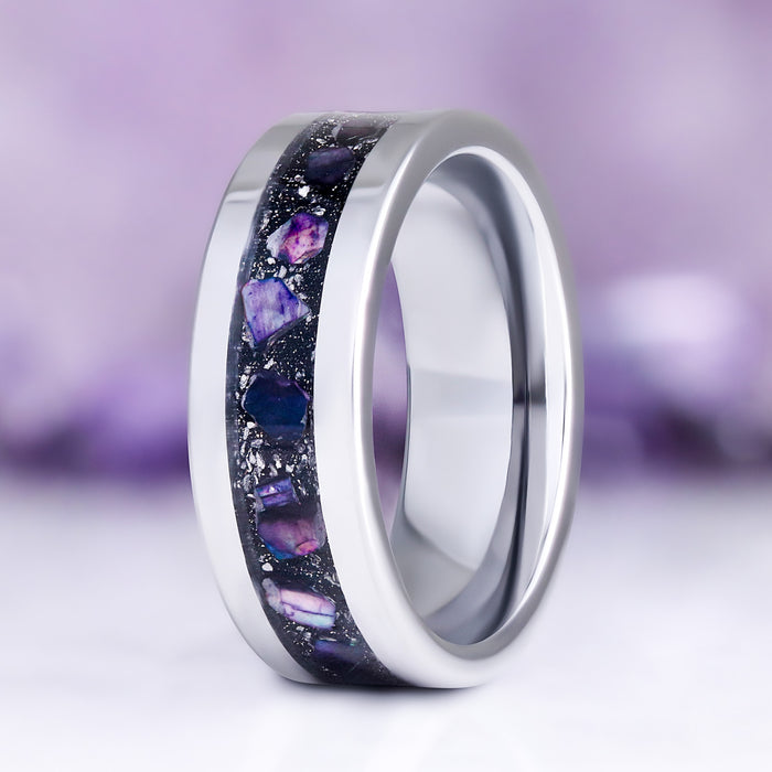 Galaxy Mother of Pearl & Meteorite Men's Wedding Band in Tungsten (8mm) by Aquamarise, upright view showing the iridescent inlay channel in a polished tungsten band.
