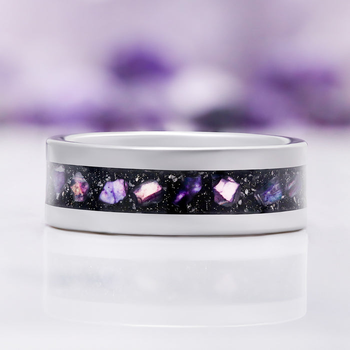Galaxy Mother of Pearl & Meteorite Men's Wedding Band in Tungsten (8mm) by Aquamarise, side profile showing the violet mother of pearl and meteorite inlay.