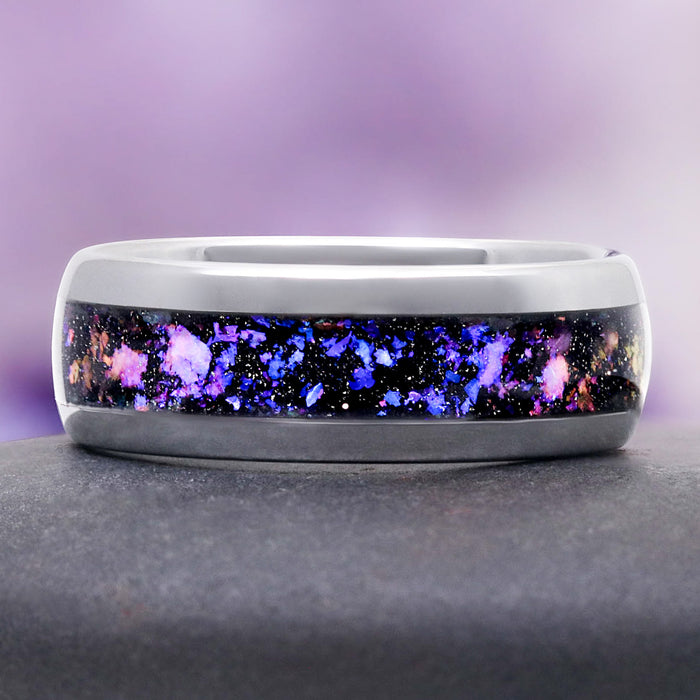 Orion Nebula® Galaxy Fire Opal Band in Tungsten Carbide (8mm) by Aquamarise, polished tungsten band with crushed violet, indigo, and pink opal inlay, celestial-inspired men's wedding ring.