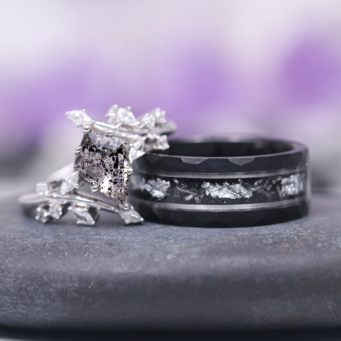 Galaxy Salt and Pepper (Herkimer) Diamond & Meteorite Couples Ring Set by Aquamarise featuring a textured black band with meteorite flakes and a unique salt and pepper diamond leaf design.