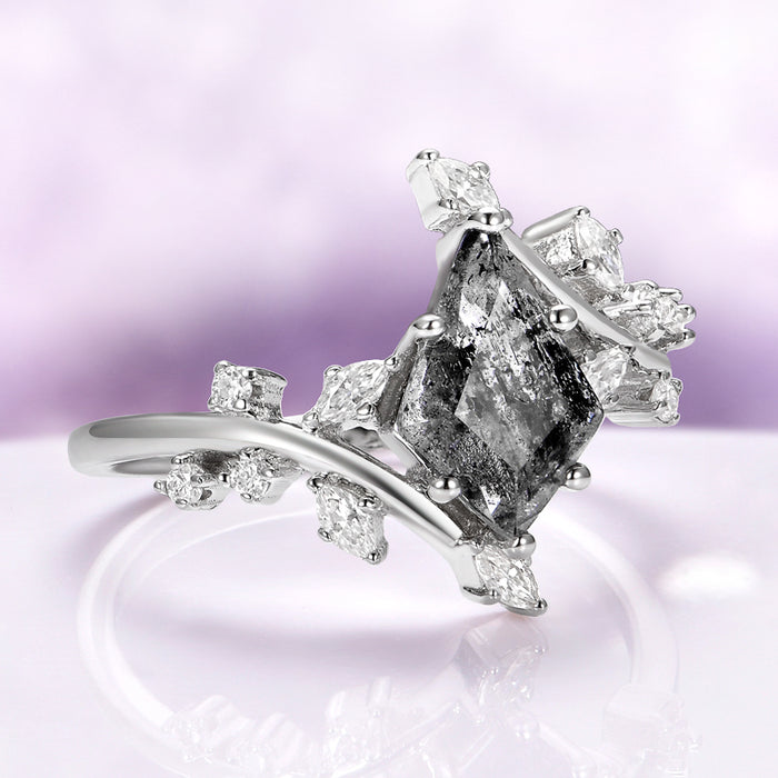 Galaxy Raw Salt & Pepper (Herkimer Diamond) Leaf Ring- 14K White Gold by Aquamarise Gold, featuring a kite-cut salt-and-pepper Herkimer diamond with white gold leaf-inspired accents.