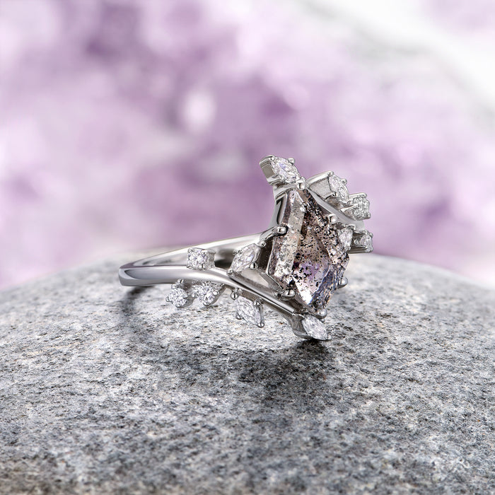 Galaxy Salt and Pepper (Herkimer) Diamond & Meteorite Couples Ring Set by Aquamarise featuring a sterling silver band with a unique salt and pepper Herkimer diamond centerpiece accented by delicate meteorite-inspired details, part of Matching Couples' Rings and Fantasy Inspired Jewelry collections.