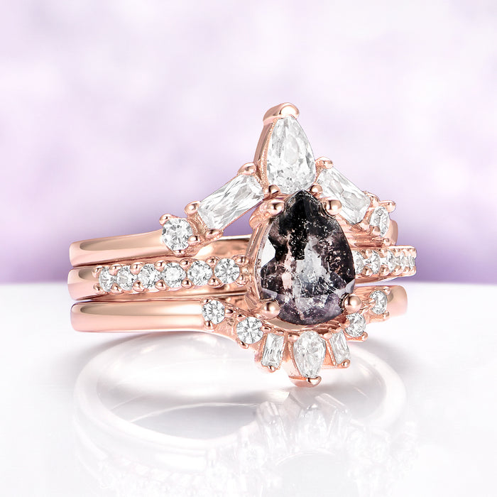 Galaxy Raw Salt & Pepper (Herkimer) Diamond Ring Set- 14K Rose Gold Vermeil by Aquamarise, featuring a pear-shaped salt-and-pepper diamond and sparkling accents on rose gold verveiled bands.
