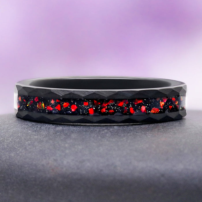 Galaxy Red Fire Opal Hammered Tungsten Couples Ring by Aquamarise, featuring a faceted black tungsten band with vibrant red opal inlay, part of Matching Couples' Rings and Best Selling Jewelry collections.