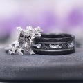 Galaxy Salt and Pepper (Herkimer) Diamond & Meteorite Couples Ring Set by Aquamarise featuring a textured black band with meteorite flakes and a unique salt and pepper diamond leaf design.