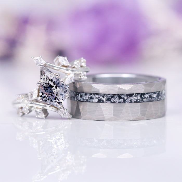 Galaxy Salt and Pepper (Herkimer) Diamond & Meteorite Couples Ring Set by Aquamarise, featuring a faceted sterling silver ring with embedded meteorite band and a sterling silver ring with a salt and pepper diamond surrounded by leaf-inspired accents, part of Matching Couples' Rings and Symbolic Jewelry Collections.