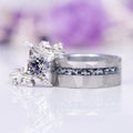 Galaxy Salt and Pepper (Herkimer) Diamond & Meteorite Couples Ring Set by Aquamarise, featuring a faceted sterling silver ring with embedded meteorite band and a sterling silver ring with a salt and pepper diamond surrounded by leaf-inspired accents, part of Matching Couples' Rings and Symbolic Jewelry Collections.
