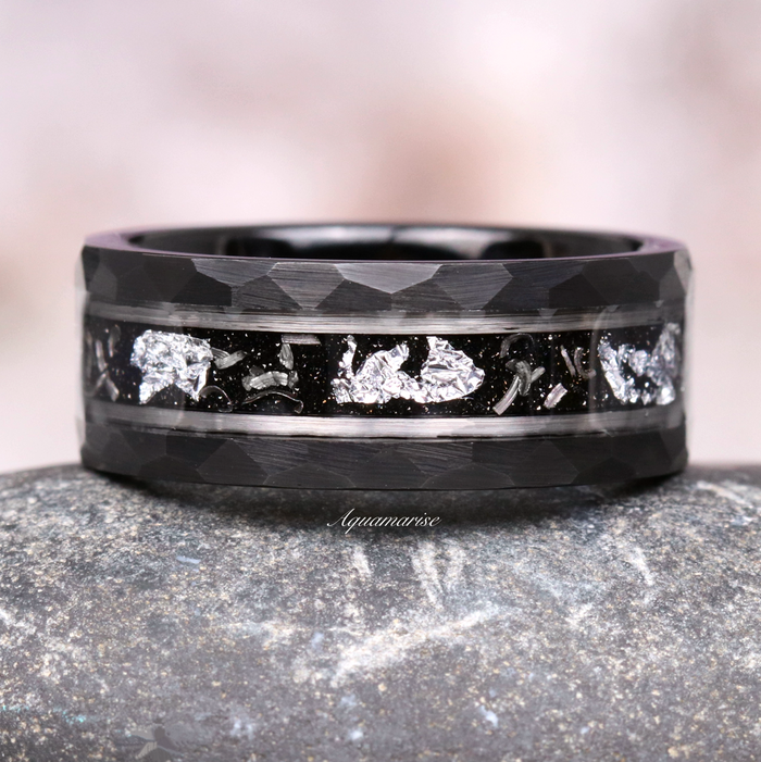 Galaxy Salt and Pepper (Herkimer) Diamond & Meteorite Couples Ring Set by Aquamarise featuring a faceted black band with sparkling Herkimer diamonds and meteorite inlay for cosmic unity.