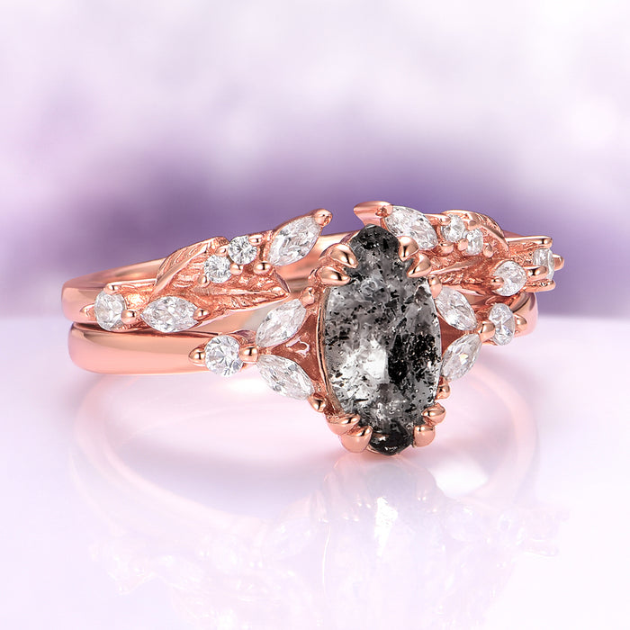 Galaxy Salt and Pepper (Herkimer) Diamond & Meteorite Couples Ring Set by Aquamarise showcasing a rose gold band with a central salt and pepper Herkimer diamond surrounded by sparkling marquise and round white stones, combining celestial allure and elegant nature-inspired design from Matching Couples' Rings and Meaningful Jewelry Gifts collections.