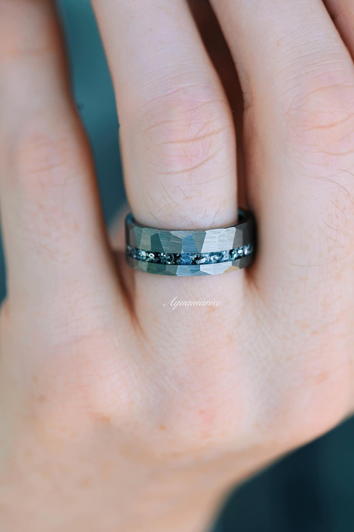 Galaxy Salt and Pepper (Herkimer) Diamond & Meteorite Couples Ring Set by Aquamarise, featuring a hammered tungsten band with black meteorite inlay, styled on finger for modern matching couples.