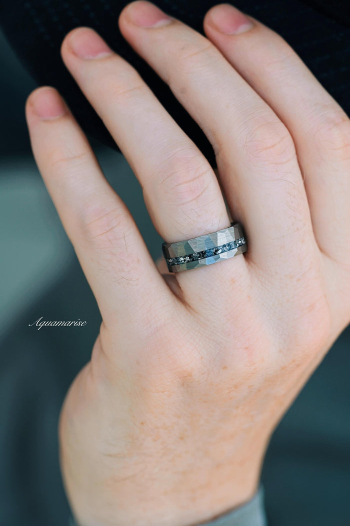Galaxy Salt and Pepper (Herkimer) Diamond & Meteorite Couples Ring Set by Aquamarise, featuring a faceted tungsten band with a black diamond and meteorite inlay, modeled on a hand for matching rings.