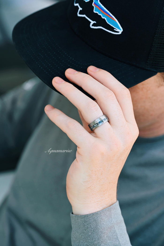 Galaxy Salt and Pepper (Herkimer) Diamond & Meteorite Couples Ring Set, featuring a textured tungsten band with meteorite inlay, styled on hand with casual apparel by Aquamarise.