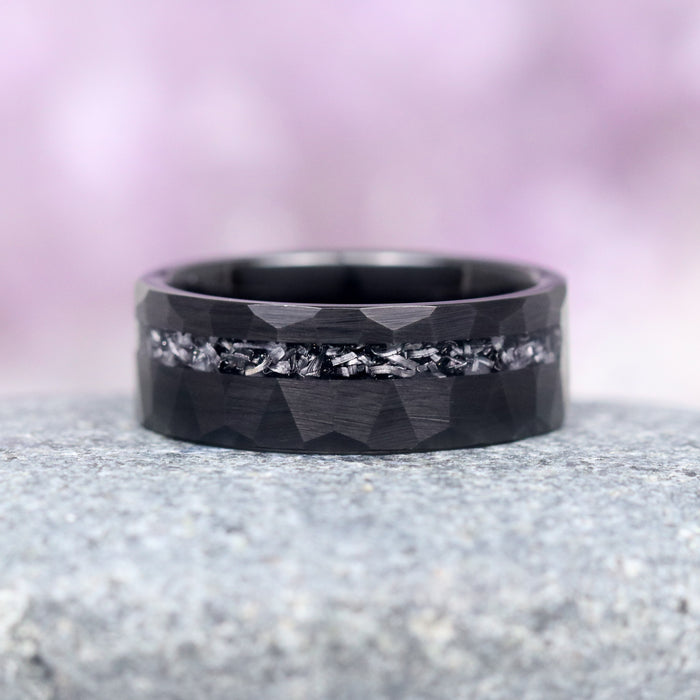 Galaxy Salt & Pepper (Herkimer) Diamond & Meteorite Couples Ring Set by Aquamarise, featuring a matte black tungsten band with a unique crushed meteorite inlay and a textured coffin cut surface, part of Matching Couples' Rings and Best Selling Jewelry collections.