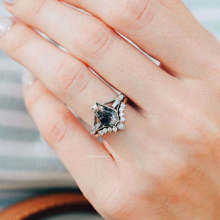 Galaxy Salt & Pepper (Herkimer) Diamond & Meteorite Couples Ring Set featuring a distinctive coffin-cut diamond set in a sterling silver band accented with small sparkling stones, styled on a hand, crafted by Aquamarise.
