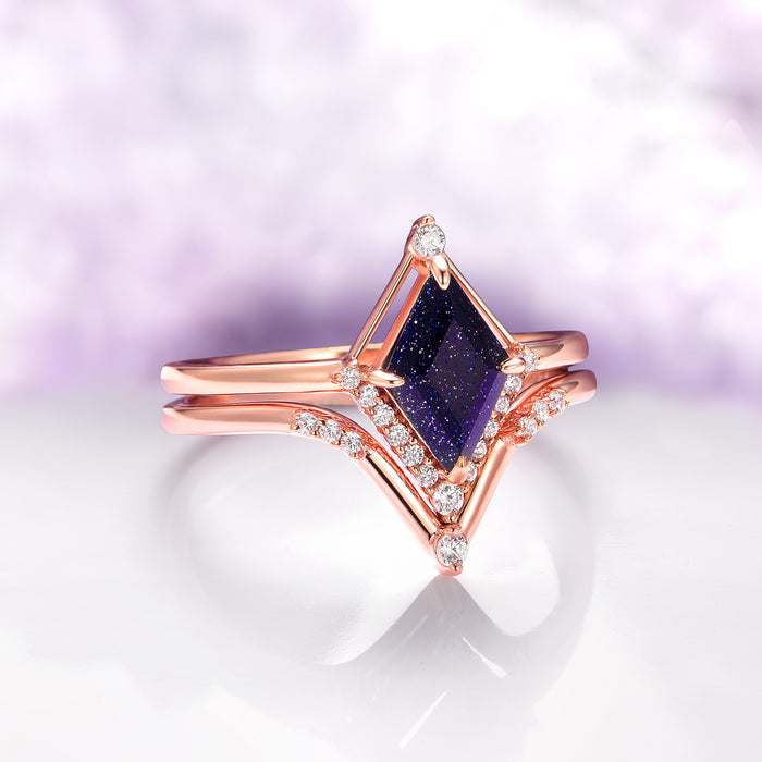 Starry Night Sandstone Ring Set- 14K Solid Rose Gold by Aquamarise Gold featuring a kite-cut deep blue Goldstone with diamond accents in rose gold, part of fantasy-inspired engagement rings collection.