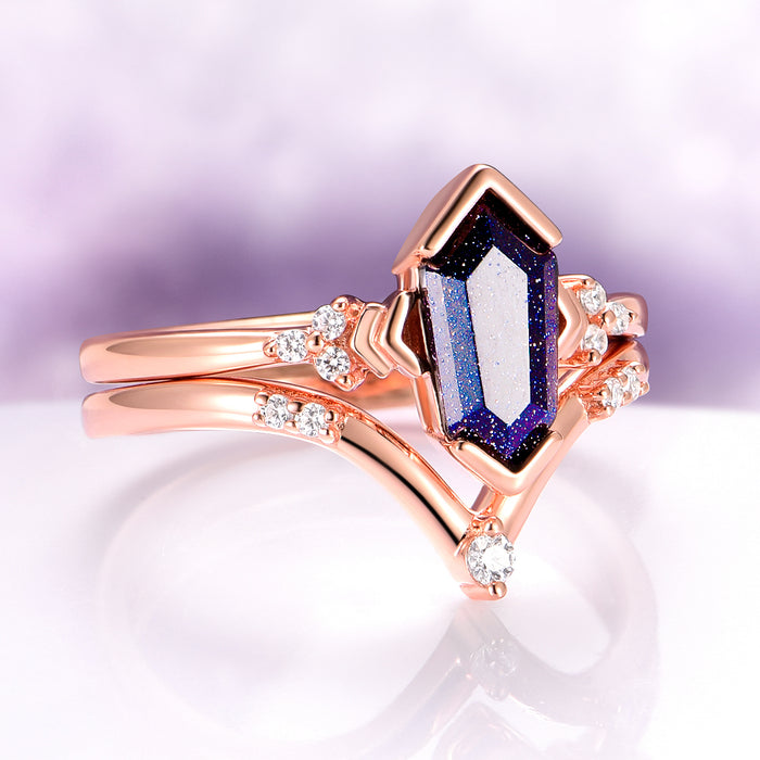 Galaxy Sandstone (Starry Night) Engagement Ring Set in 14K Solid Rose Gold by Aquamarise Gold, featuring a coffin cut shimmering blue sandstone with delicate diamond accents in a celestial design.