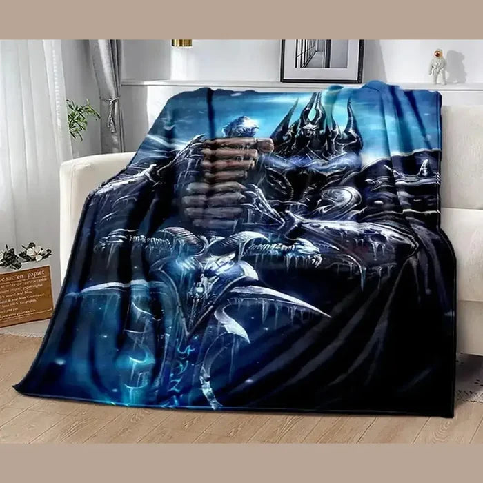 Gamer Plush Throw Blanket – Soft Flannel in a dark, icy design featuring a powerful figure, perfect for cozy gaming sessions.