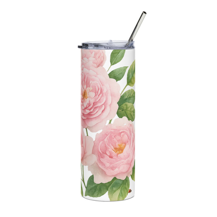 Tumbler with pink floral design on a white background