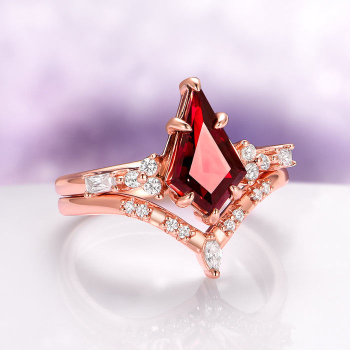 Garnet & Red Fire Opal Whiskey Barrel Couples Ring Set by Aquamarise featuring a kite-cut garnet with diamond accents in rose gold, elegant matching couple rings with unique fantasy-inspired design.