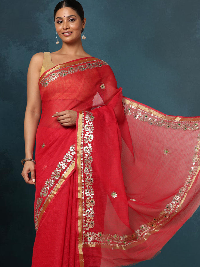 Indiehaat | Kota Cotton Gota Patti Maroon Saree
