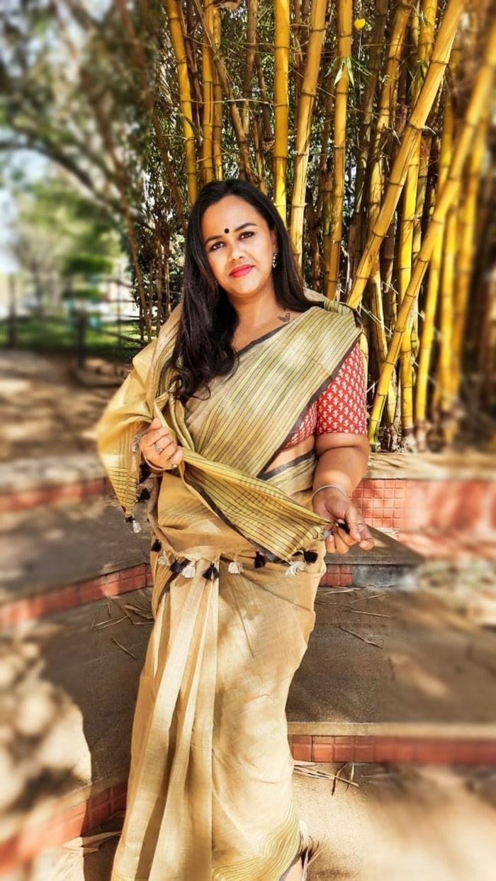 Khadi Linen Saree Gold-Indiehaat