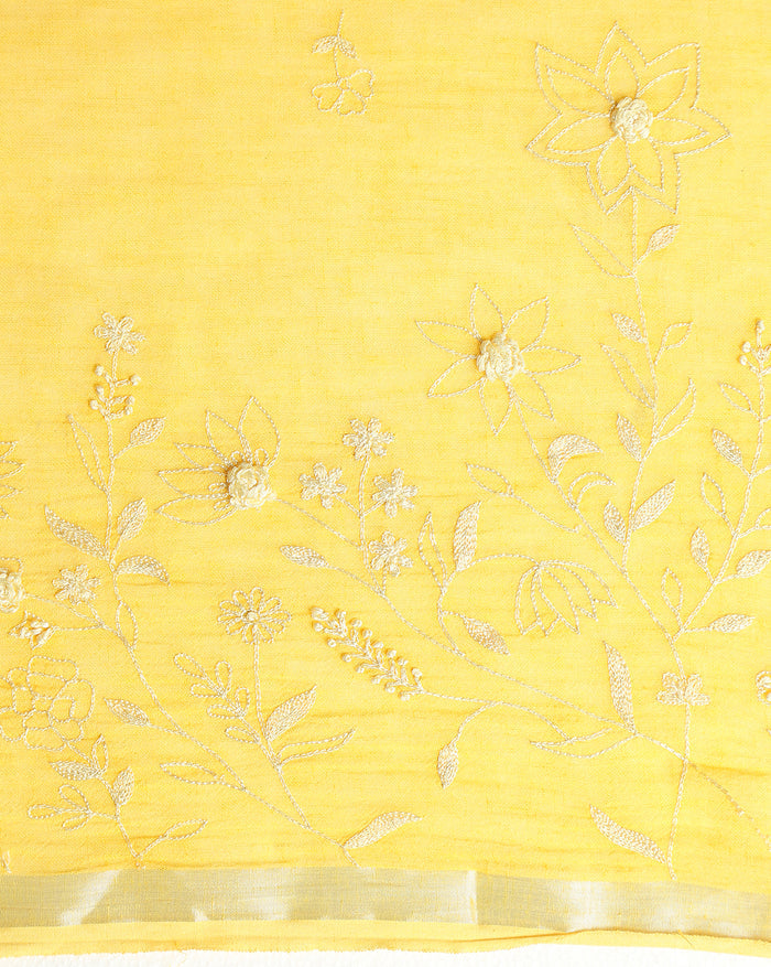 Gleaming Pure Linen Handloom Saree Embroidered Yellow