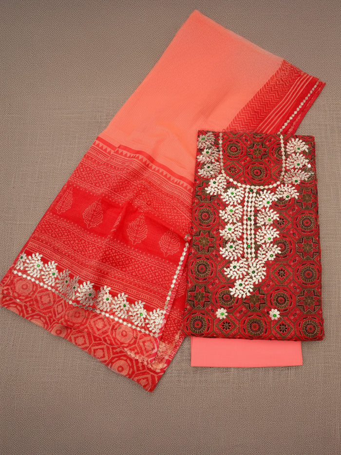 Glimmering Dark Red Kota Doria Gota Patti Suit (T+B+D)