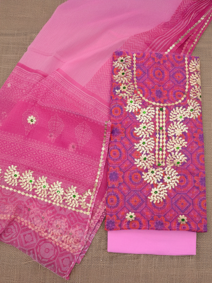 Glimmering Kota Doria Dark Pink Gota Patti Suit (T+B+D)