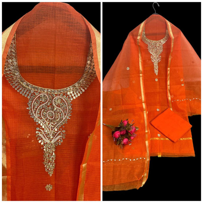 Kota Doria Suit Gota Patti Orange 14% Off - IndieHaat