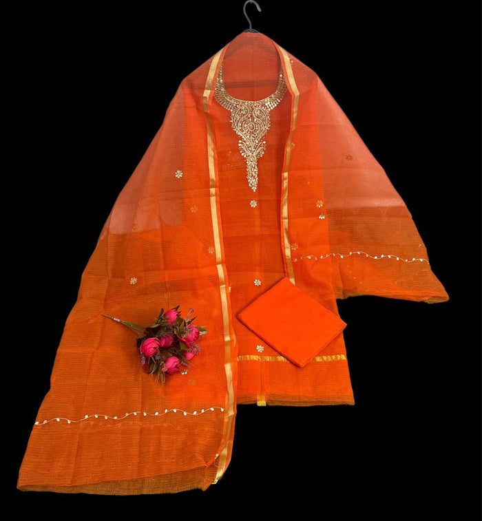 Kota Doria Suit Gota Patti Orange 14% Off - IndieHaat