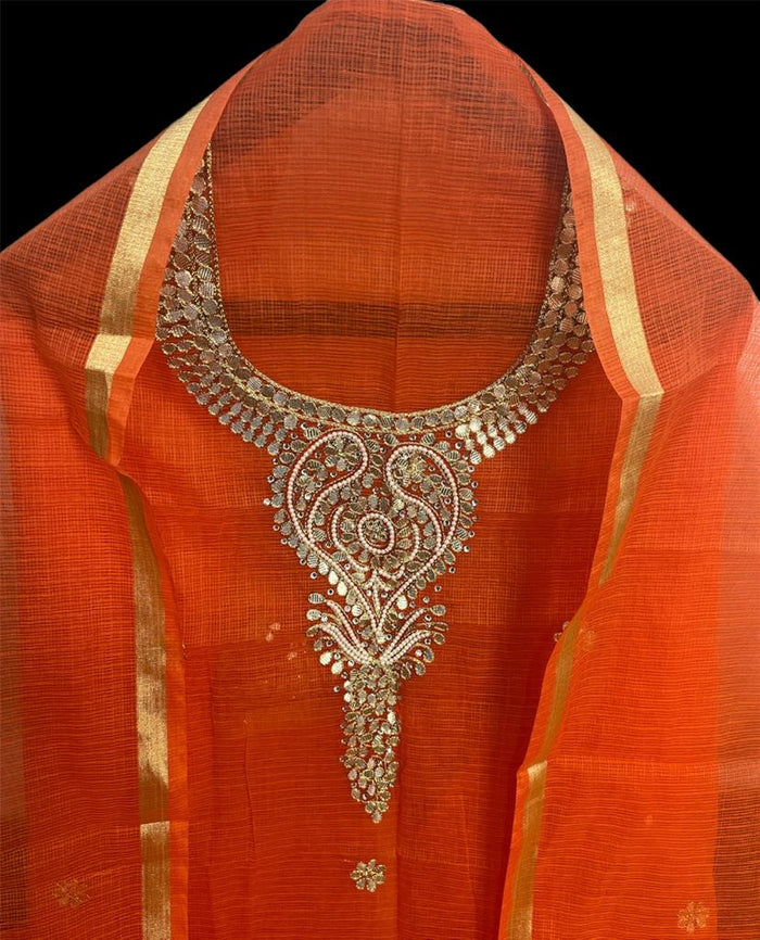 Kota Doria Suit Gota Patti Orange 14% Off - IndieHaat