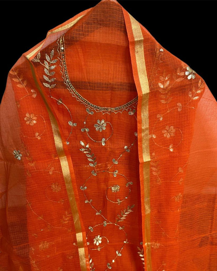 Kota Doria Suit Persimmon Red Color Hand Gota Patti Work-Indiehaat