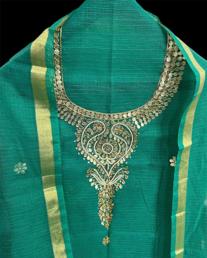 Kota Doria Suit Gota Patti Green 14% Off - IndieHaat