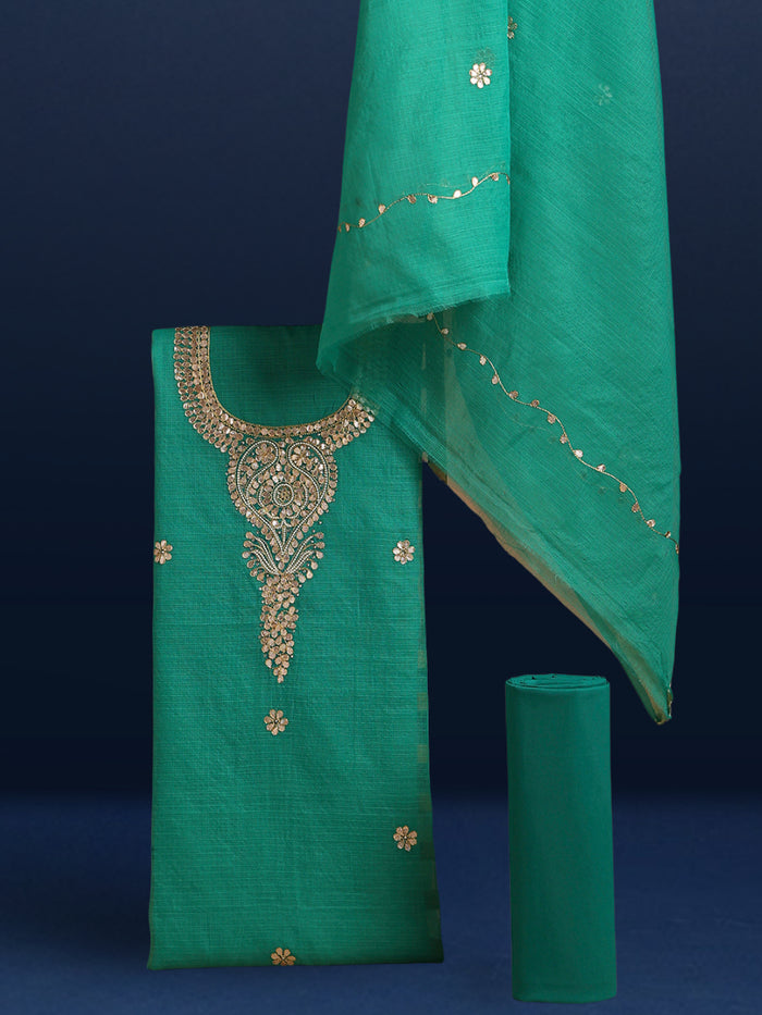 Glimmering Kota Doria Gota Patti Pine Green Suit (T+B+D)