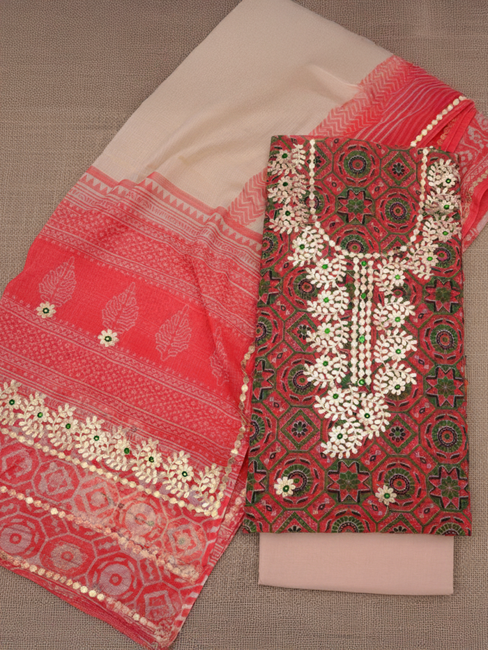 Glimmering Kota Doria Gota Patti Red & Beige Suit (T+B+D)