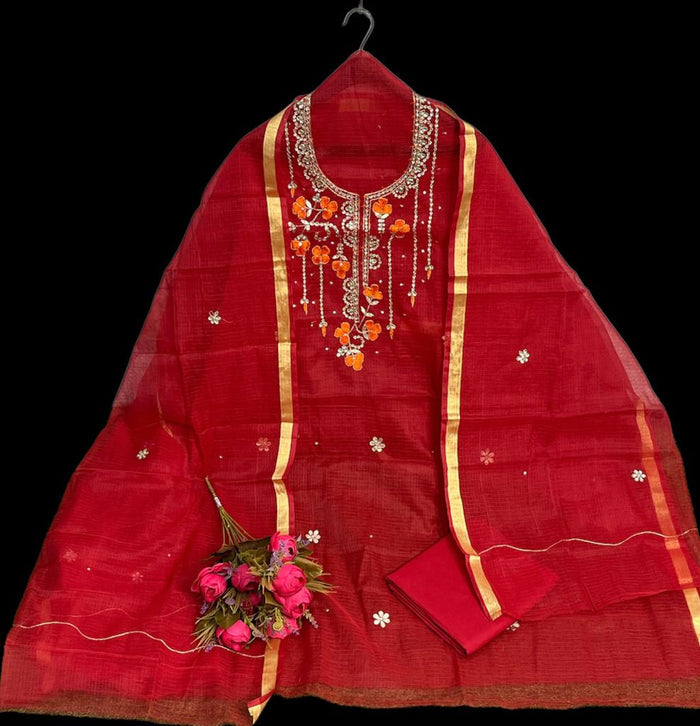 Kota Doria Red Suit Hand Gota Patti Work-Indiehaat