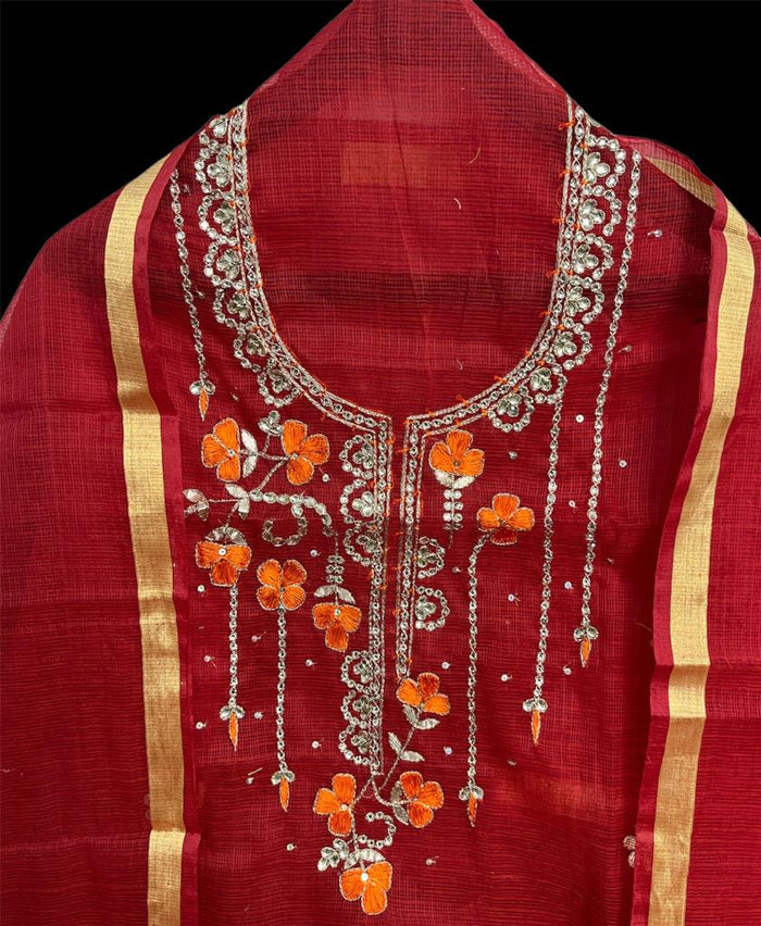Kota Doria Red Suit Hand Gota Patti Work-Indiehaat