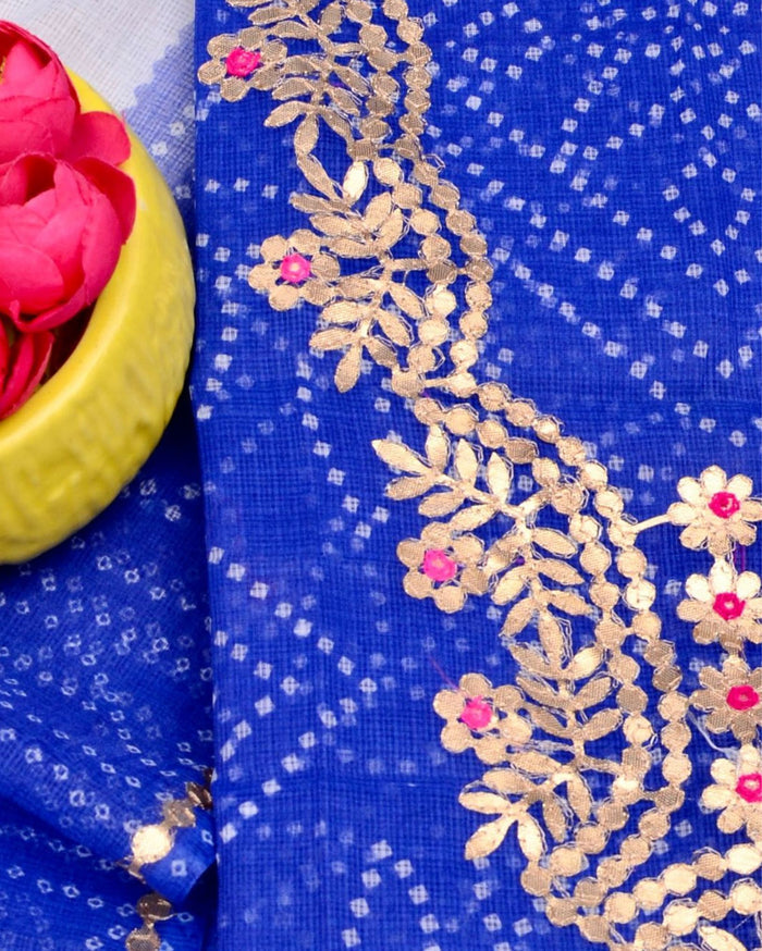 Indiehaat | Kota Doria Gota Patti, Bandhej Suit Blue