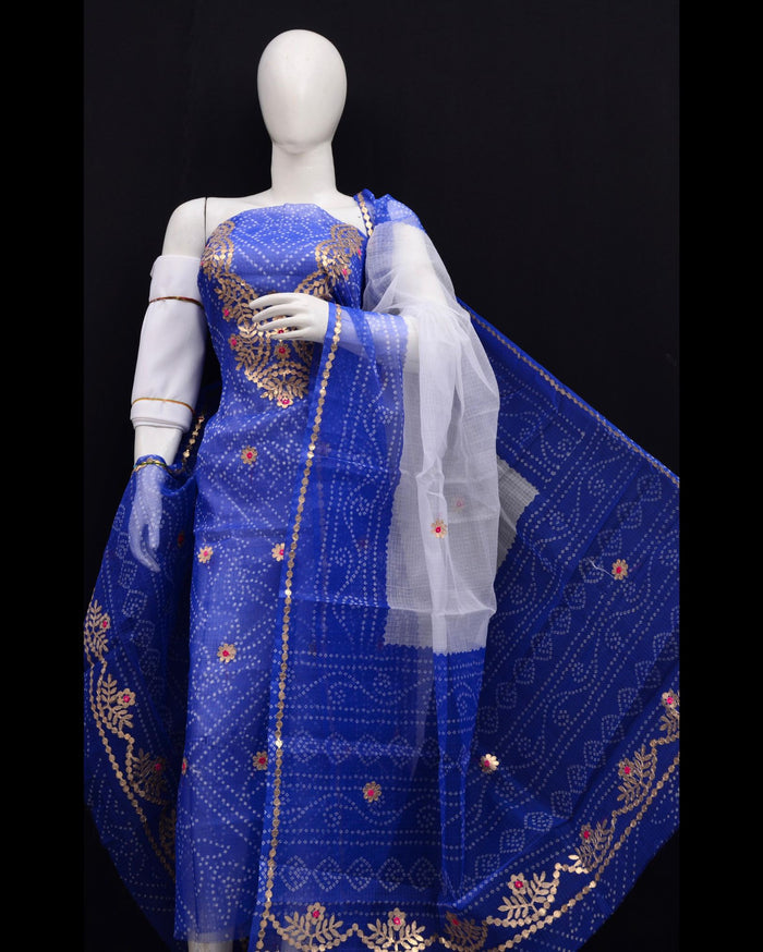 Indiehaat | Kota Doria Gota Patti, Bandhej Suit Blue