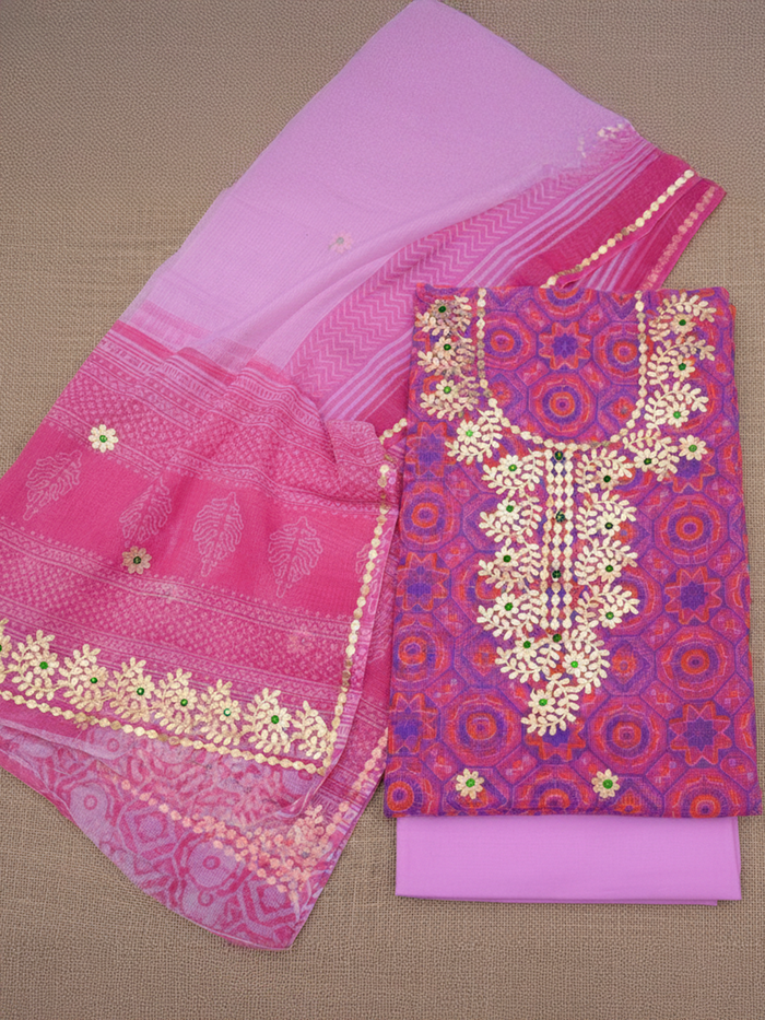 Glimmering Pink Kota Doria Gota Patti Suit (T+B+D)