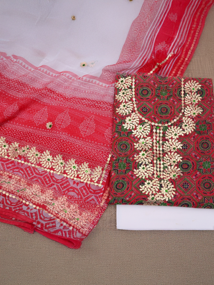 Glimmering Red & White Kota Doria Gota Patti Suit (T+B+D)