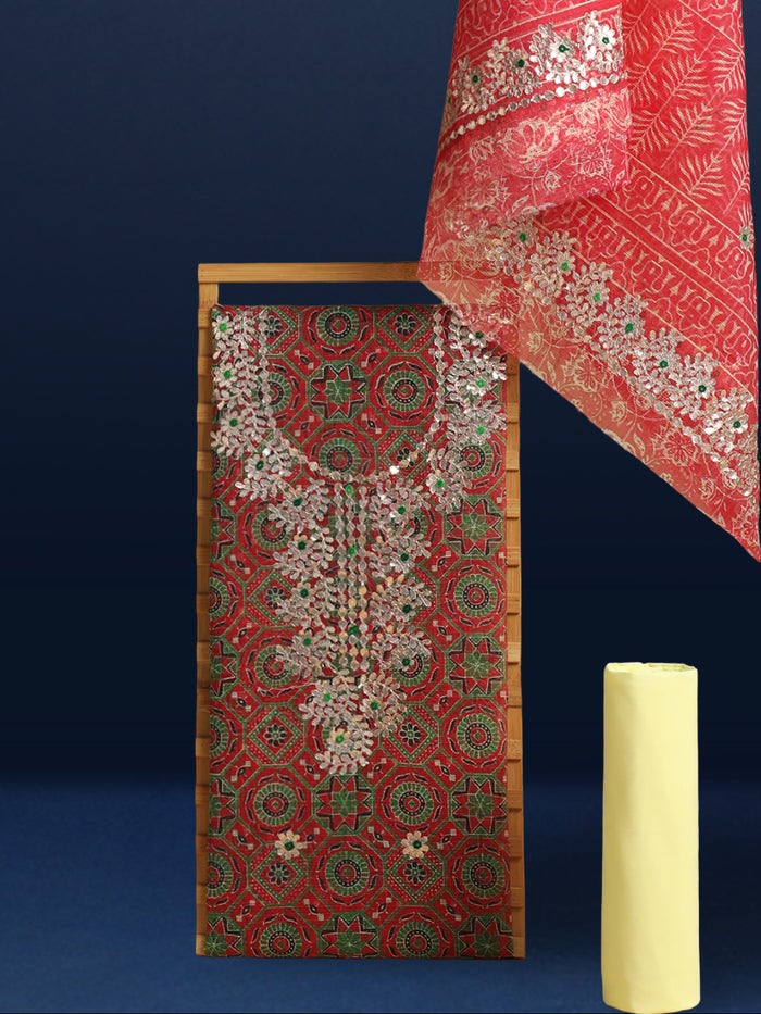 Glimmering Red & Yellow Kota Doria Gota Patti Suit (T+B+D)