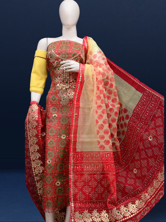 Glimmering Red & Yellow Kota Doria Gota Patti Suit (T+B+D)