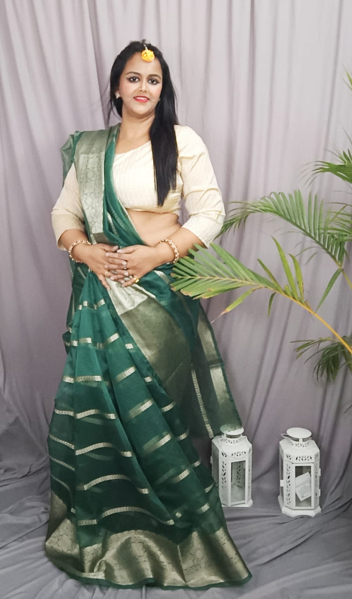 Banarasi Pure Organza Silk Green Saree for Traditional Wear | Indiehaat