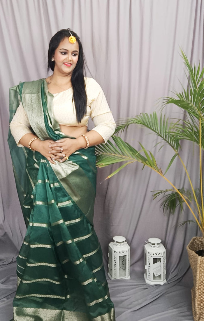 Banarasi Pure Organza Silk Green Saree for Traditional Wear | Indiehaat