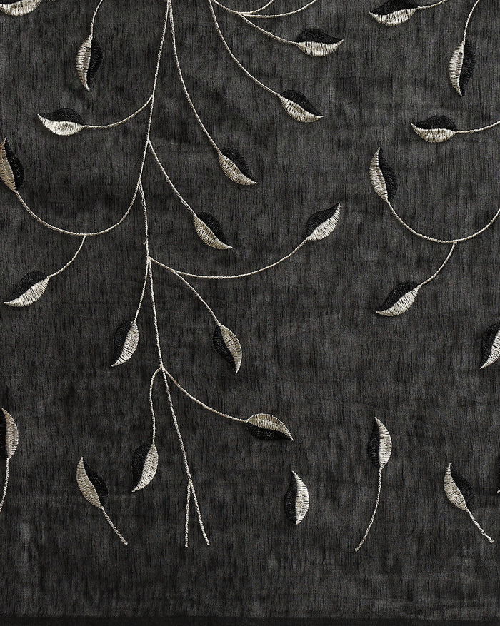 Glossy Eri Tussar Silk Embroidered Black Saree