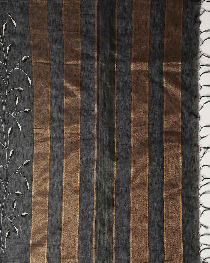 Glossy Eri Tussar Silk Embroidered Black Saree