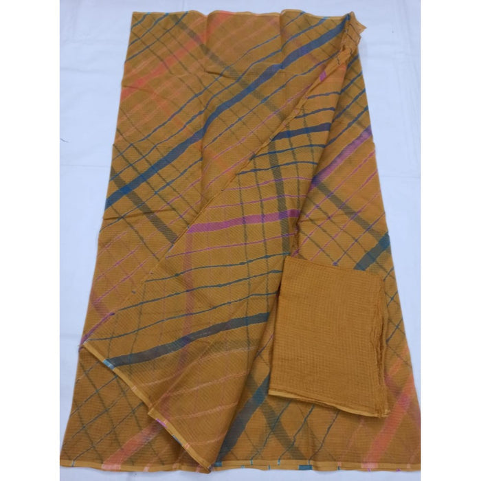 Cotton Kota Doria Brown Saree with blouse Handcrafted-Indiehaat